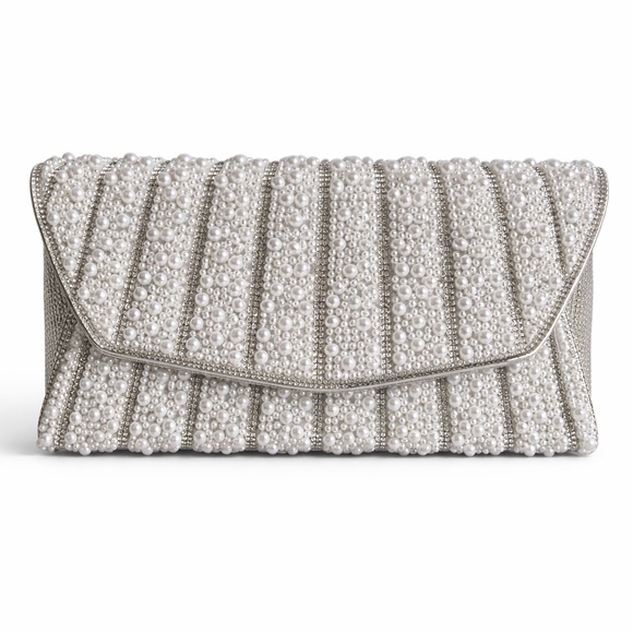 Silver Shimmer & Pearl Envelope Clutch | Convertible Shoulder or Clutch